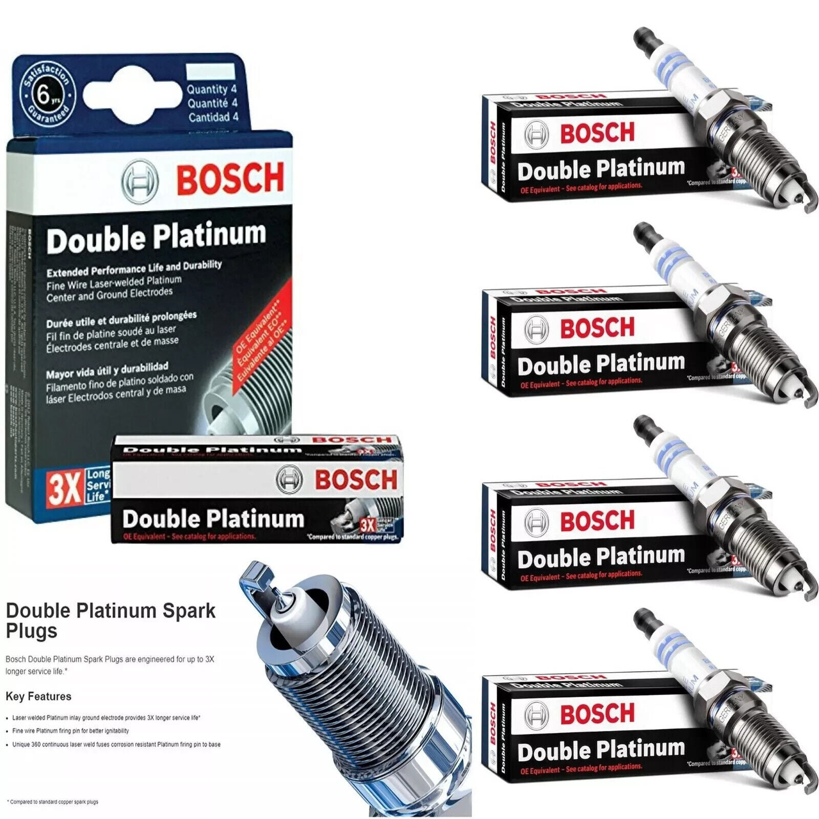 Set Of 4 Bosch OE Fine Wire Double Platinum Spark Plug for Audi Porsche Volkswagen.